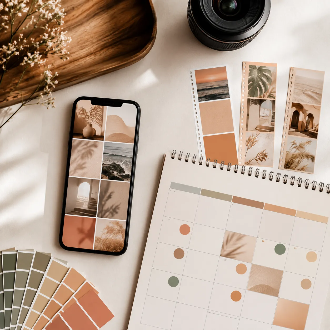 Moodboard editoriale con smartphone, calendario, palette colori e provini fotografici