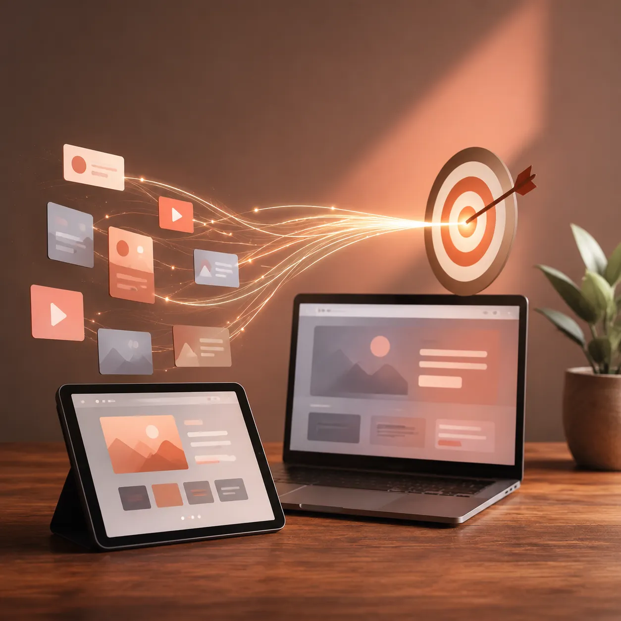 Laptop e tablet mostrano contenuti digitali collegati a un bersaglio