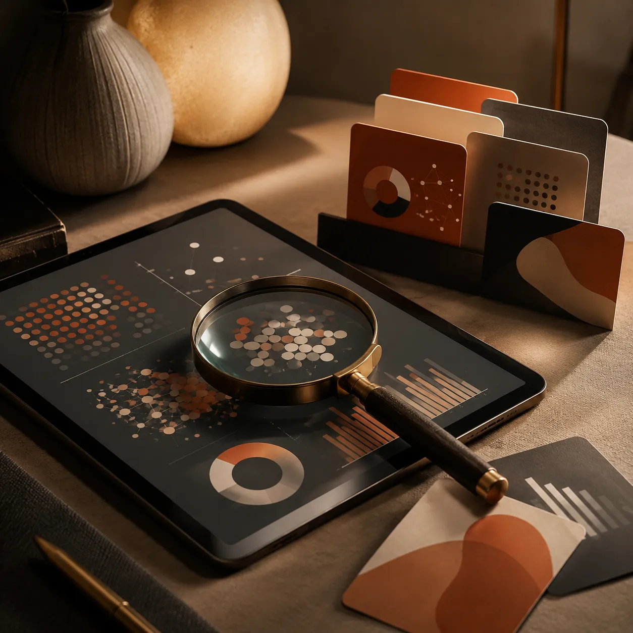 Tablet con grafici e lente di ingrandimento accanto a schede e materiali di analisi